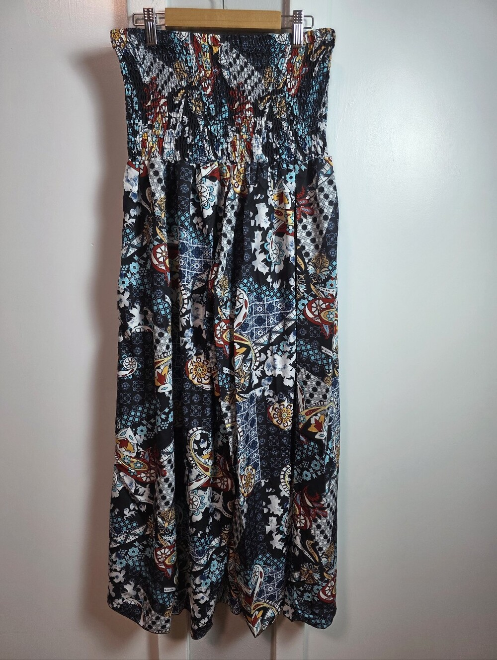 ​Boho Mixed Patchwork Print Smocked Wide-Leg Palazzo Pants / Strapless Jumpsuit